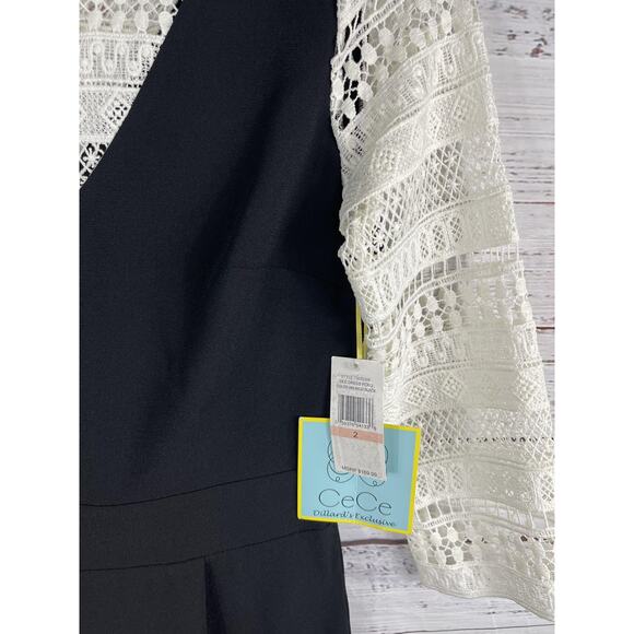 CeCe Jumpsuit Womens 2 Black White Lace Overlay Wide Leg Dillard’s Exclusive New - Picture 6 of 11